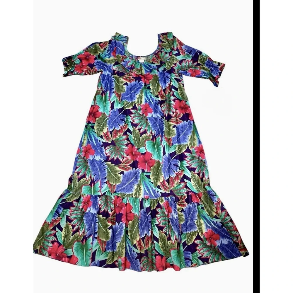 Hilo Hattie Hawaiian Muumuu Dress 2XL Cotton Tropical Floral Ruffle Vintage